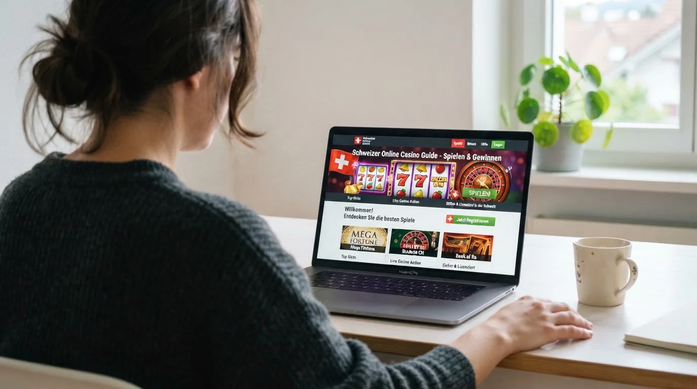 Person am Laptop liest eine Übersichtsseite zu Geldspielen im Internet — 10 franken bonus ohne einzahlung casino