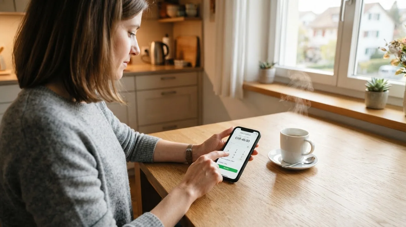 Frau tippt konzentriert auf ihrem Smartphone an einem Küchentisch, eine Tasse Kaffee steht griffbereit daneben.