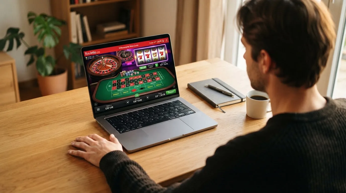 Person am Laptop liest eine Übersichtsseite zu Geldspielen im Internet — 15 franken bonus ohne einzahlung casino