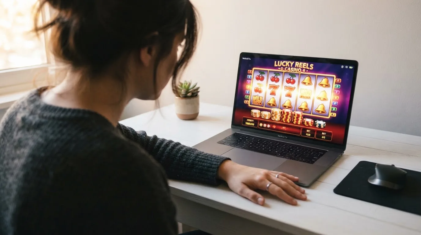 Person am Laptop liest eine Übersichtsseite zu Geldspielen im Internet — 150 freispiele ohne einzahlung