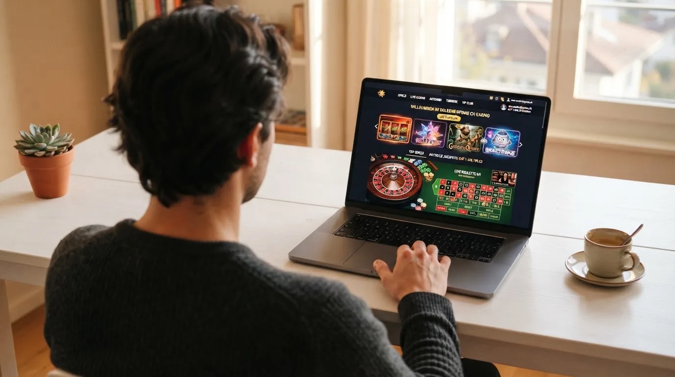 Person am Laptop liest eine Übersichtsseite zu Geldspielen im Internet — 20 franken bonus ohne einzahlung casino