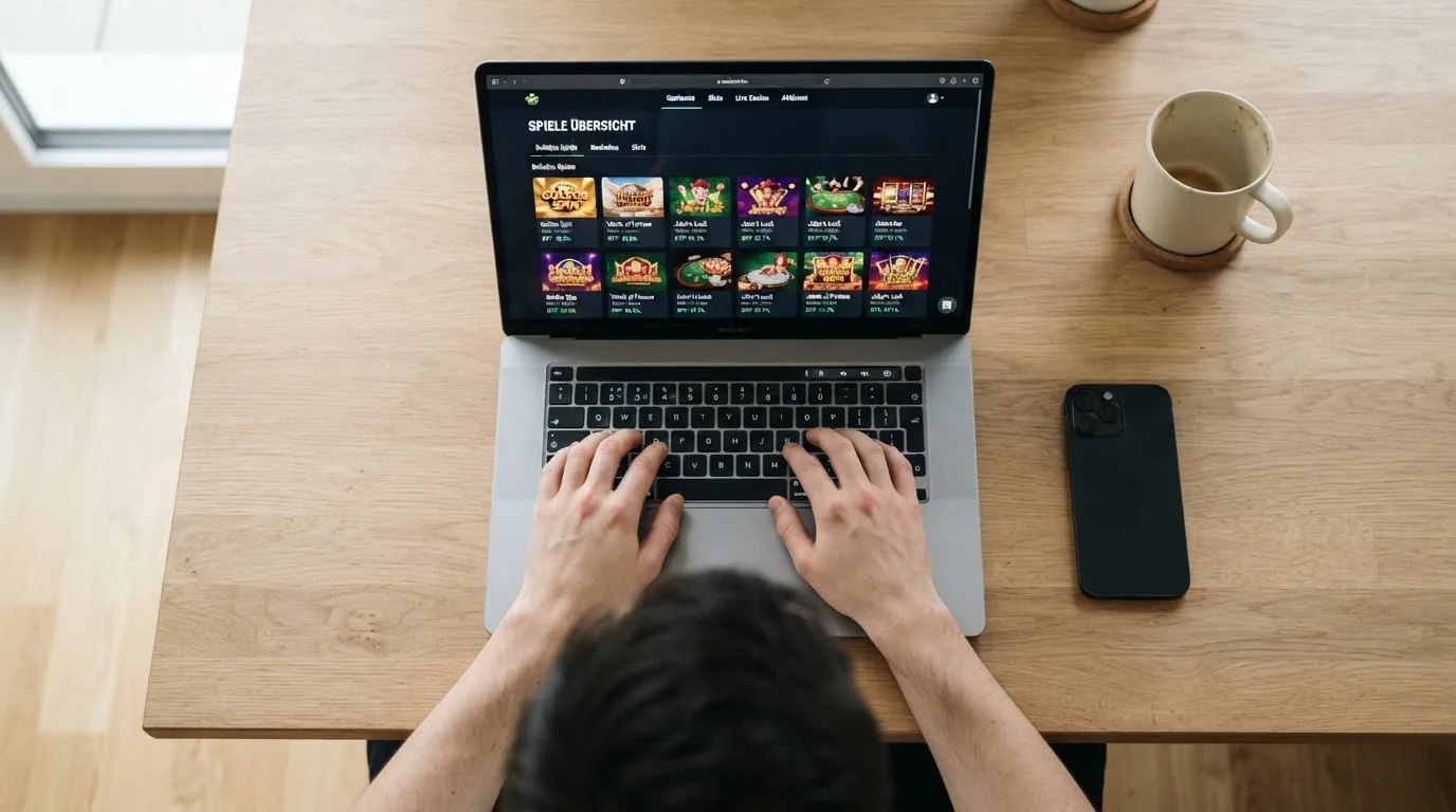 Person am Laptop liest eine Übersichtsseite zu Geldspielen im Internet — 20 freispiele ohne einzahlung