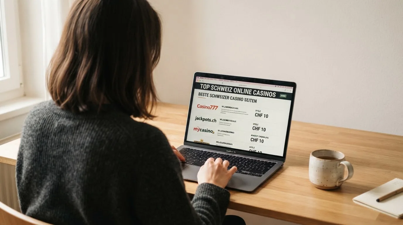 Person am Laptop liest eine Übersichtsseite zu Geldspielen im Internet — 30 franken bonus ohne einzahlung casino
