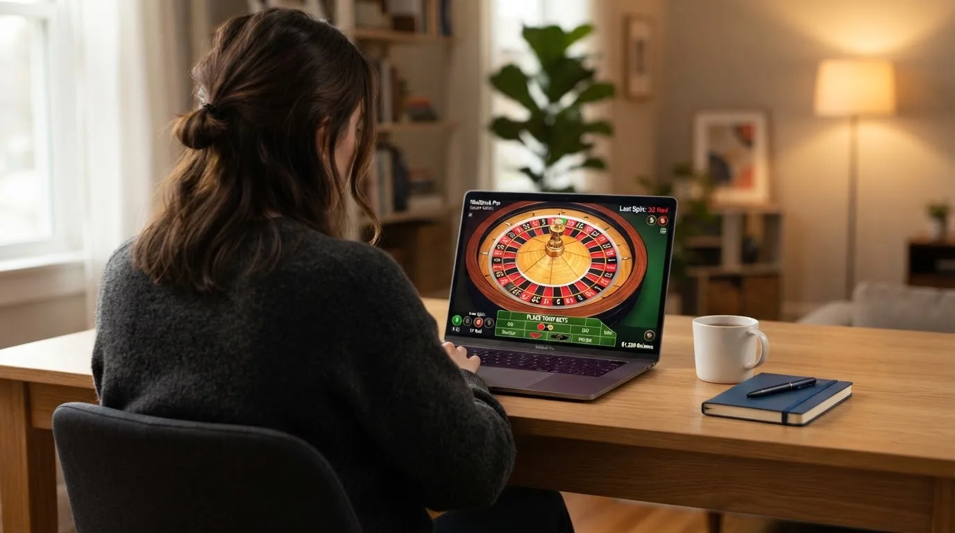 Person am Laptop liest eine Übersichtsseite zu Geldspielen im Internet — 40 franken bonus ohne einzahlung casino