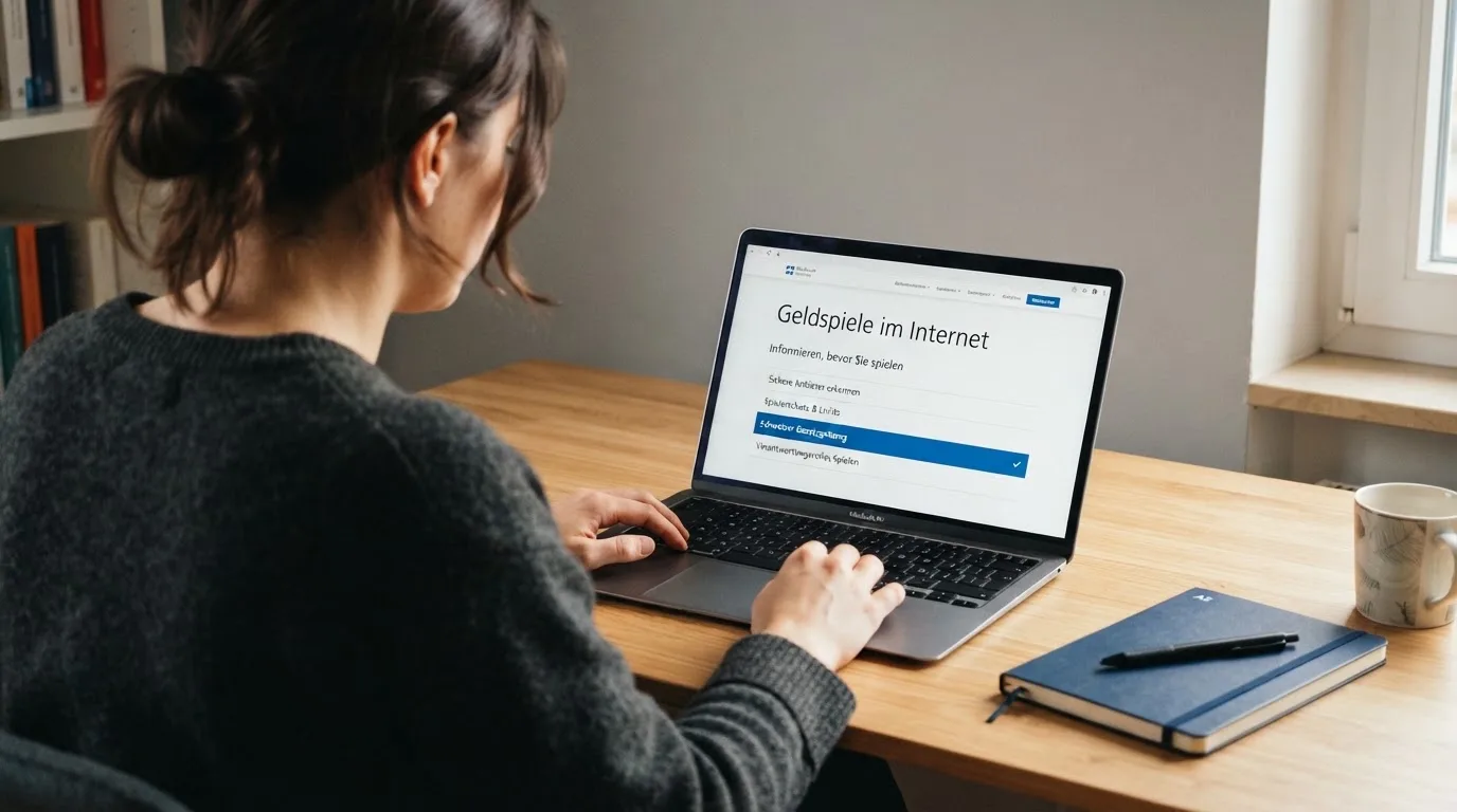 Person am Laptop liest eine Übersichtsseite zu Geldspielen im Internet — 5 franken bonus ohne einzahlung casino