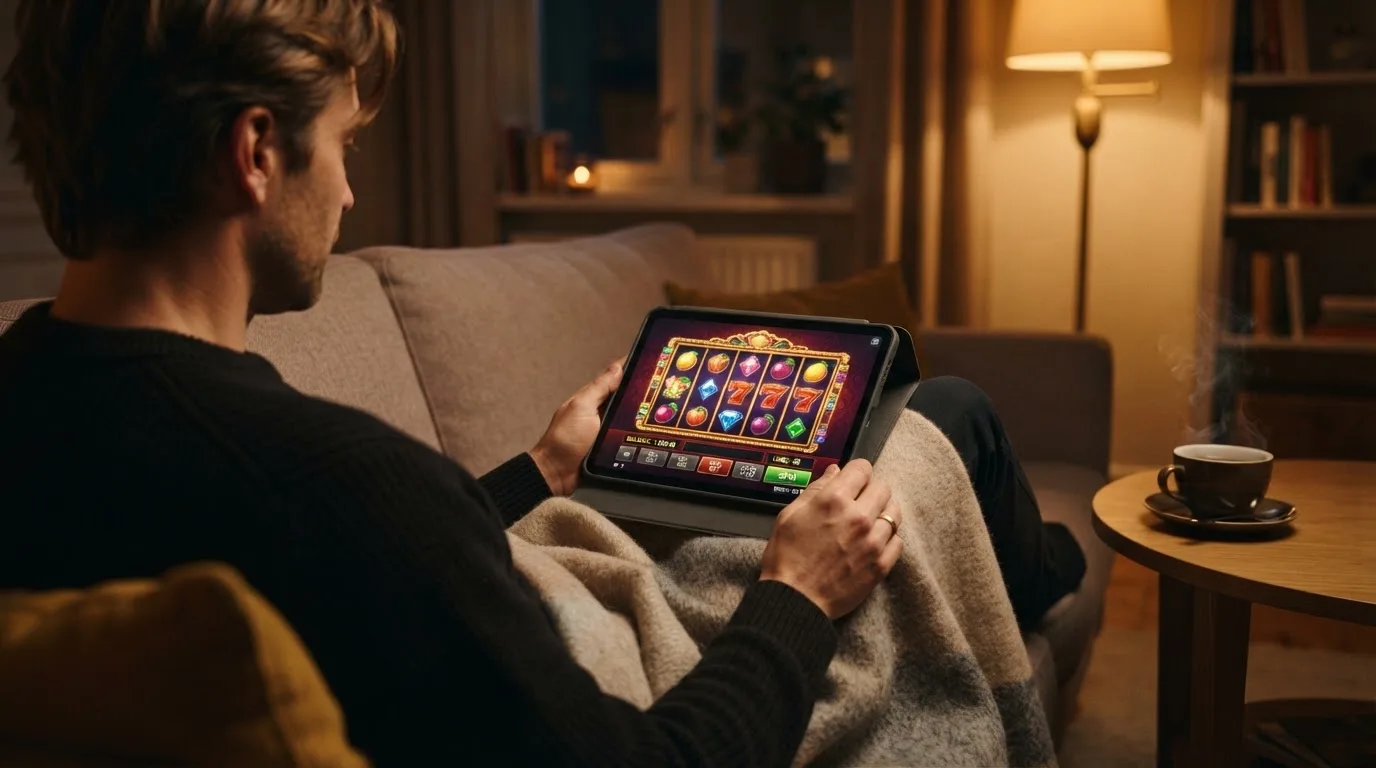 Person sitzt entspannt mit Tablet auf dem Sofa, warmes Lampenlicht, eine Tasse Tee steht daneben auf einem kleinen Tisch.