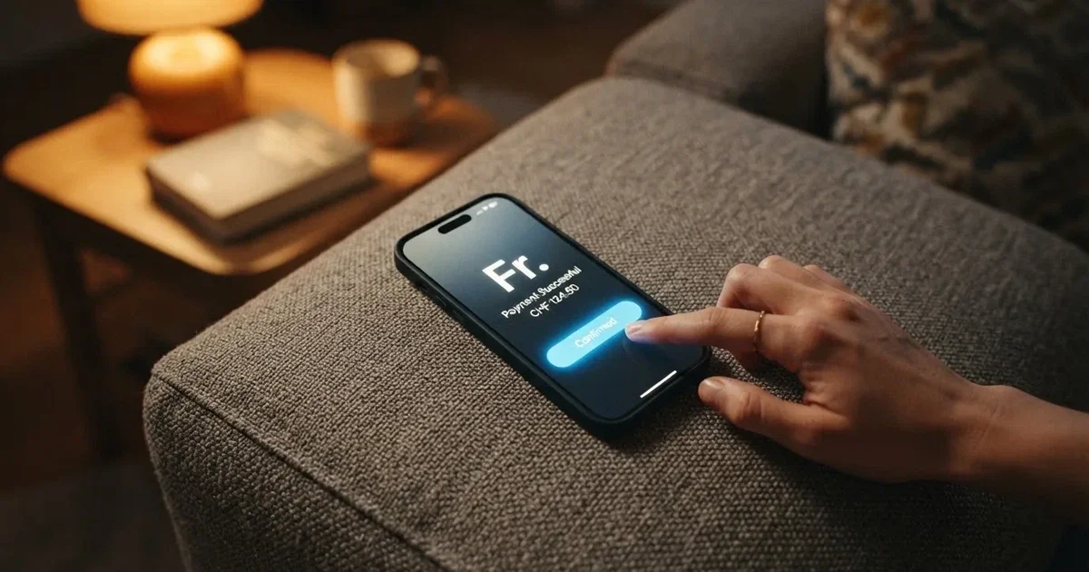 Nahaufnahme einer Hand, die auf einem Smartphone eine Zahlungsbestätigung antippt, im Hintergrund eine gemütliche Wohnzimmerecke am Abend.