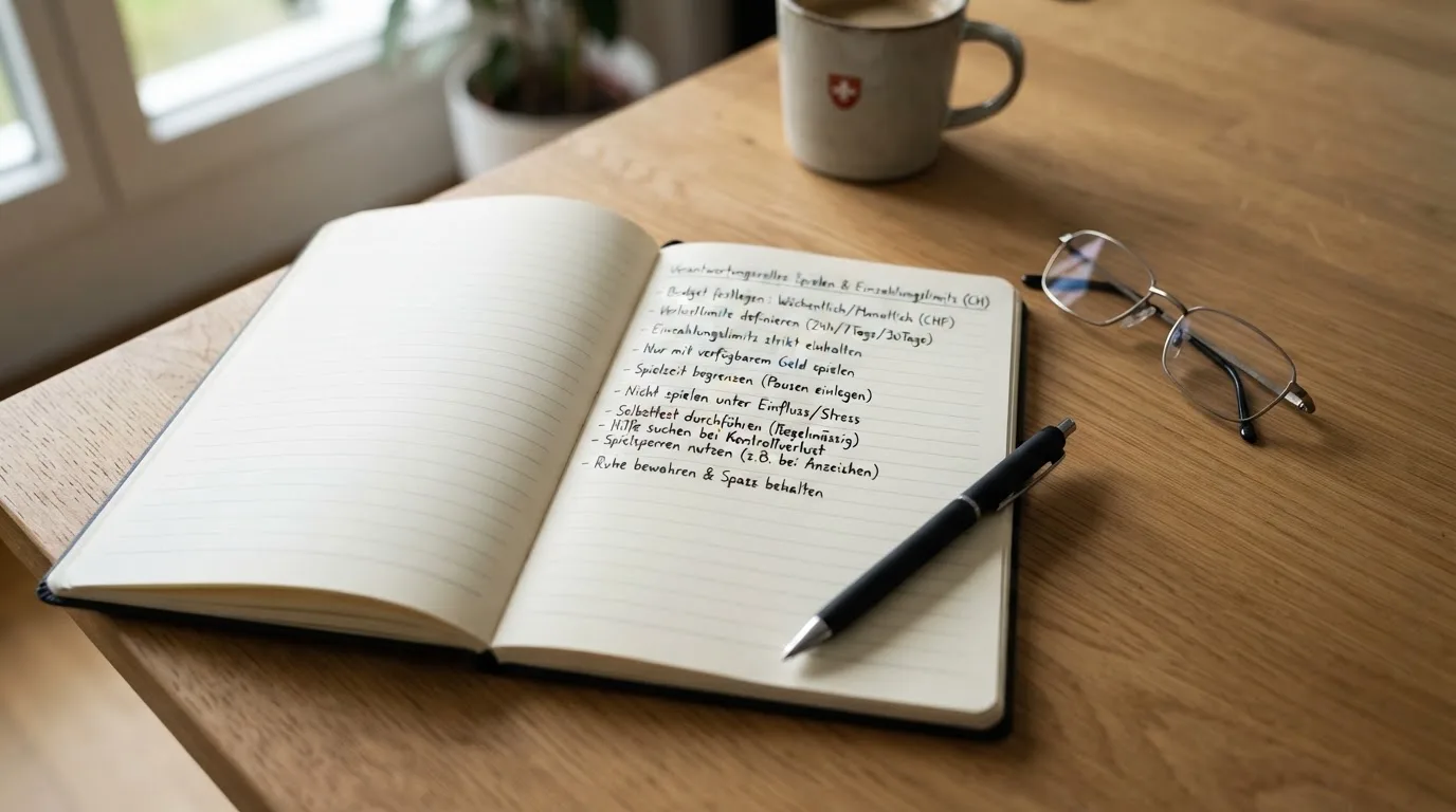 Ein Notizbuch mit handschriftlichen Stichpunkten liegt neben einer Brille auf einem Holzschreibtisch bei Tageslicht.