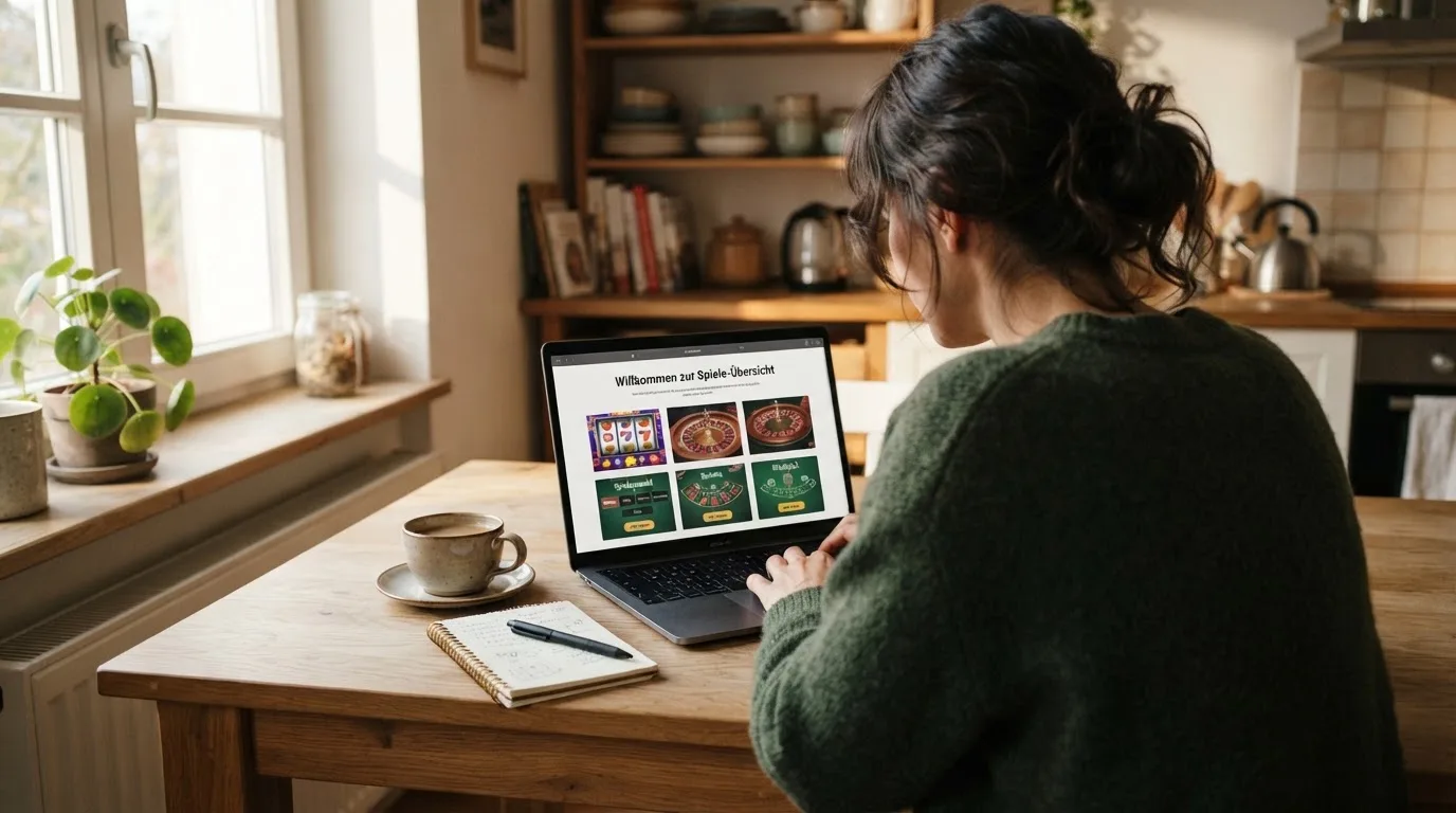Person am Laptop liest eine Übersichtsseite zu Geldspielen im Internet — best crypto casino schweiz