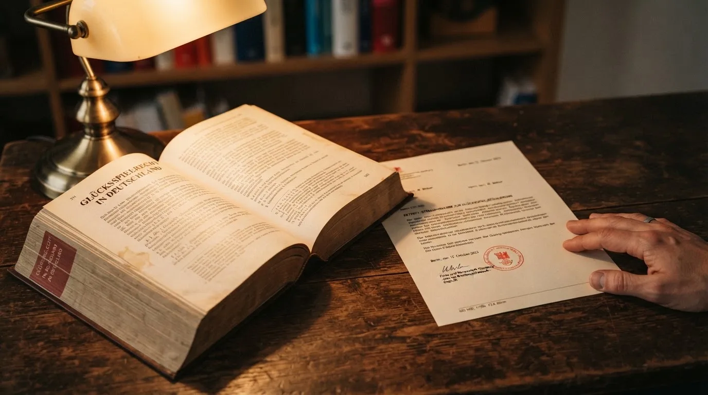 Amtliches Schreiben mit Stempel auf einem Schreibtisch neben einem Gesetzbuch — best crypto casino schweiz
