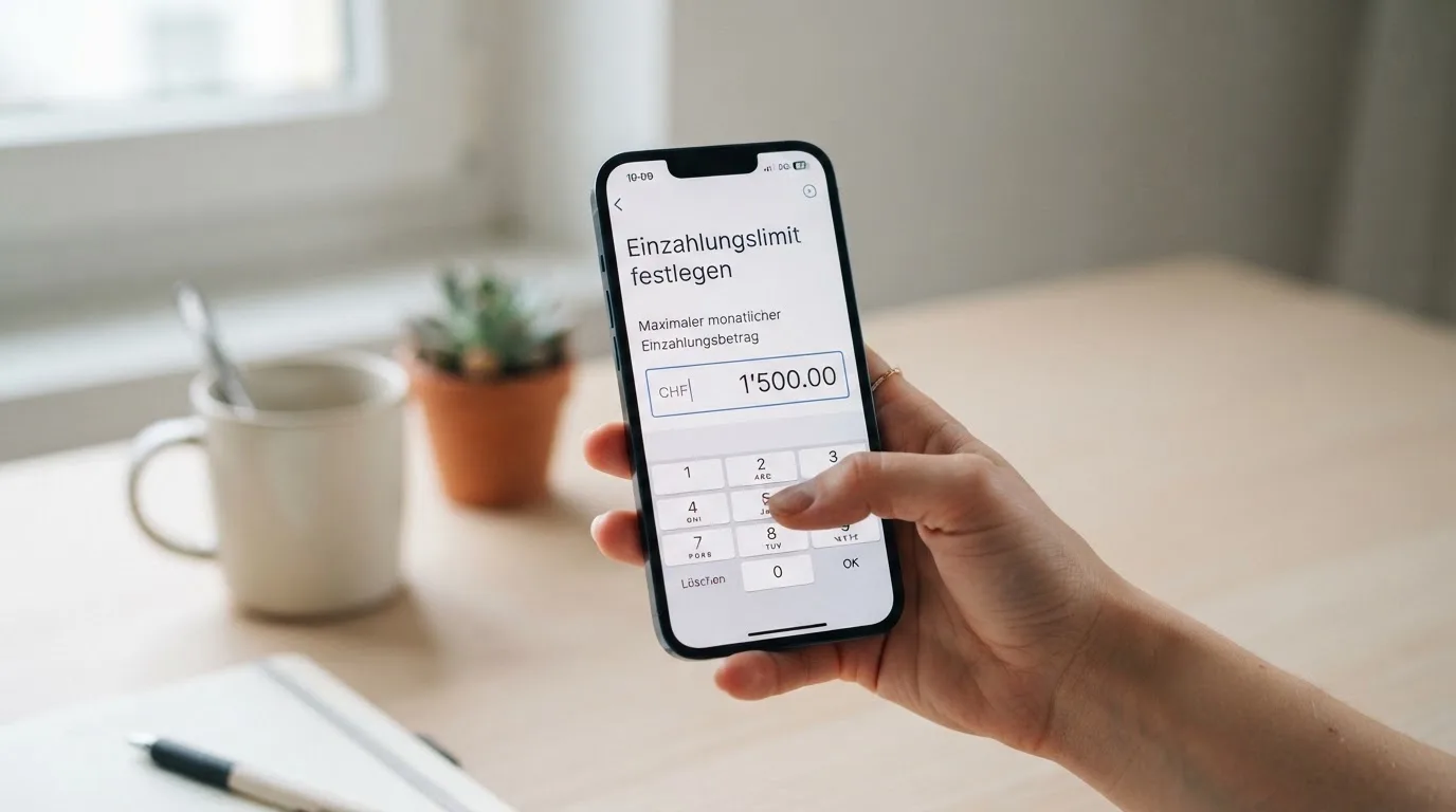 Hand hält ein Smartphone mit einem Formular zur Einzahlungsgrenze, ruhige Stimmung — beste ausländische casinos für schweizer spieler