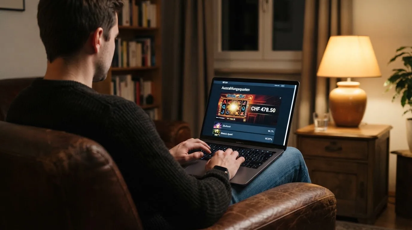 Person am Laptop liest eine Übersichtsseite zu Geldspielen im Internet — beste auszahlungsquote online casino