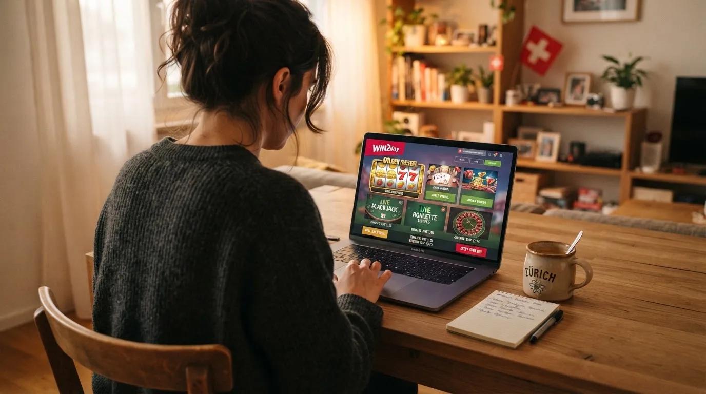 Person am Laptop liest eine Übersichtsseite zu Geldspielen im Internet — beste casino mit schneller auszahlung