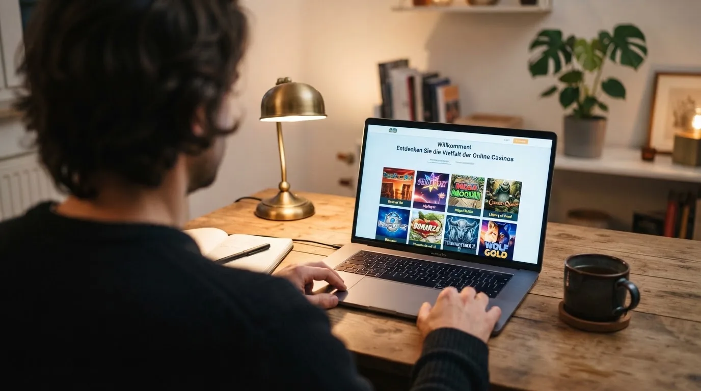 Person am Laptop liest eine Übersichtsseite zu Geldspielen im Internet — beste casino ohne verifizierung auszahlen