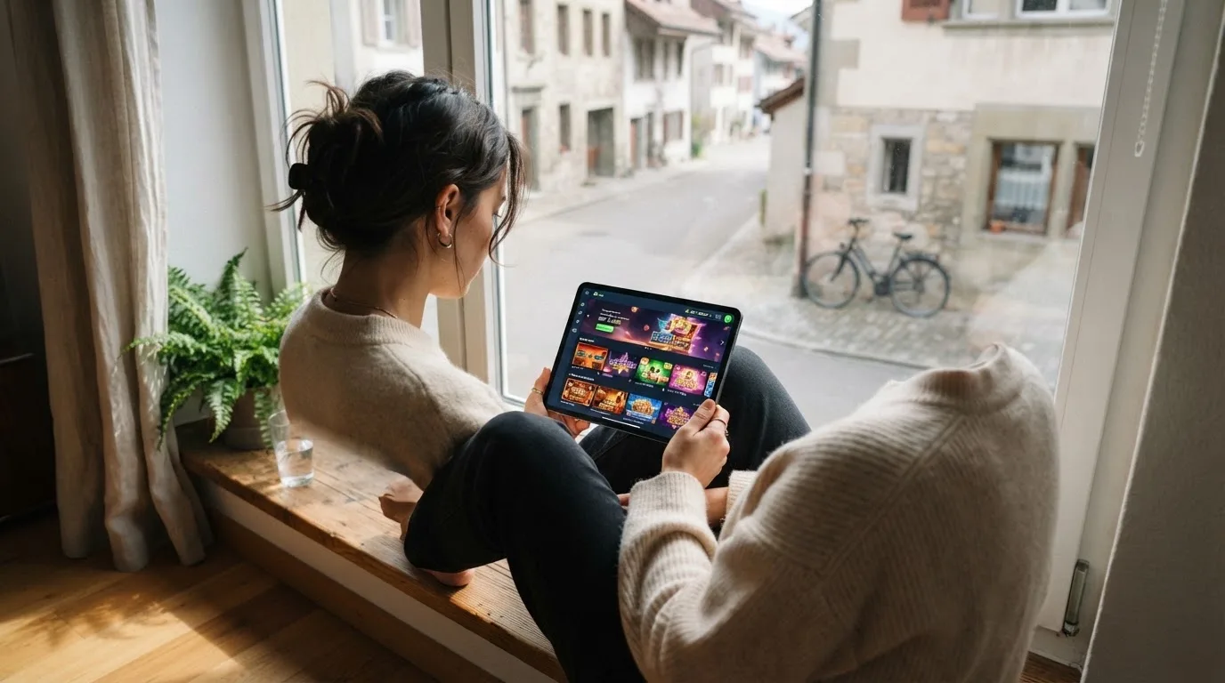 Frau sitzt mit einem Tablet auf einer Fensterbank, Blick nach draussen auf eine ruhige Strasse.