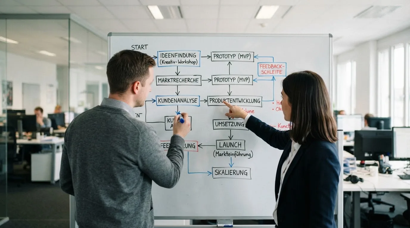 Zwei Kollegen besprechen an einem Whiteboard mit Notizen einen Ablauf, Grossraumbüro im Hintergrund.