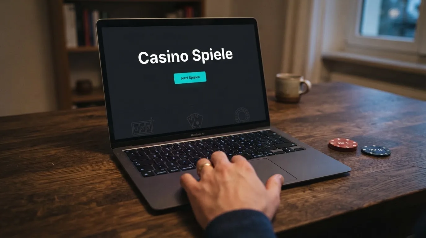 Person am Laptop liest eine Übersichtsseite zu Geldspielen im Internet — beste craps online casinos schweiz