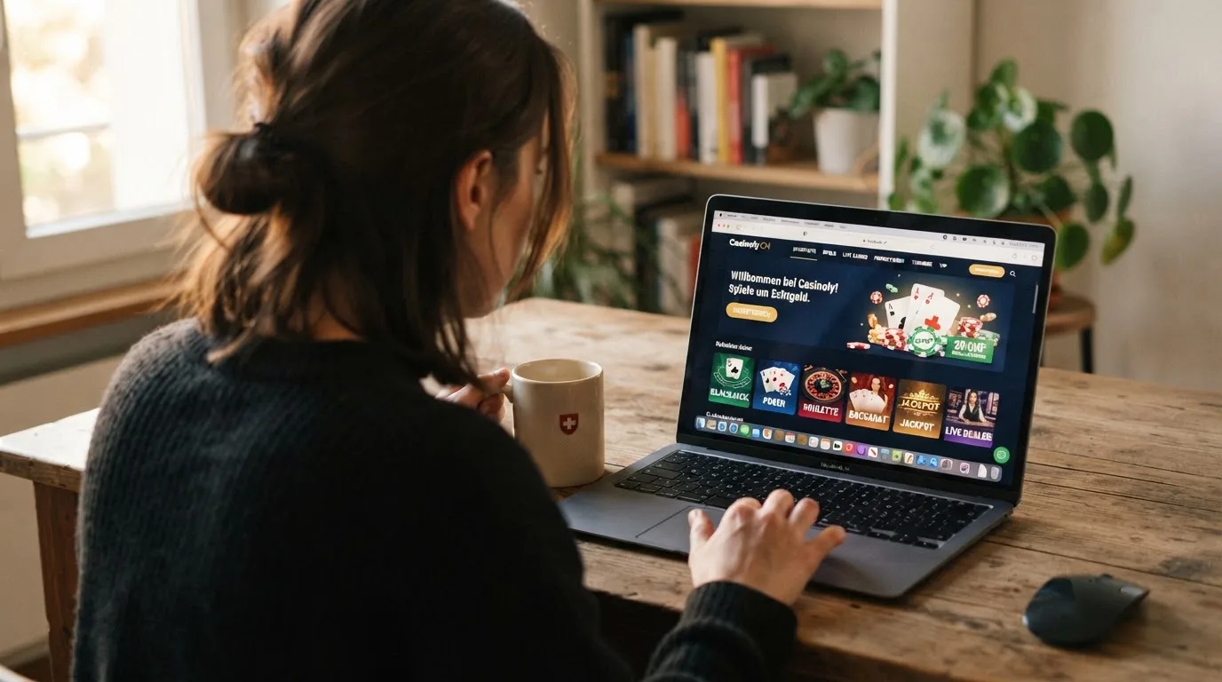 Person am Laptop liest eine Übersichtsseite zu Geldspielen im Internet — beste live baccarat schweiz