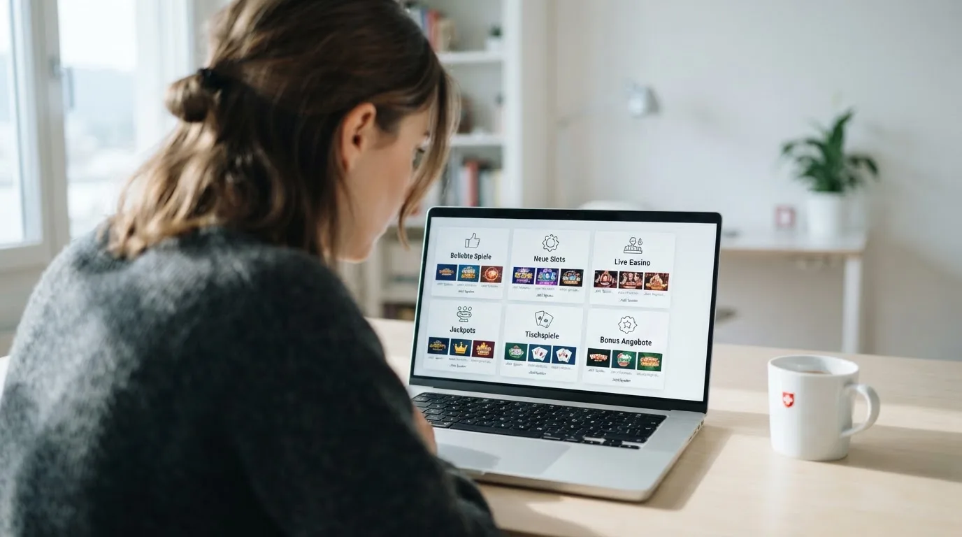 Person am Laptop liest eine Übersichtsseite zu Geldspielen im Internet — beste online casino ausland