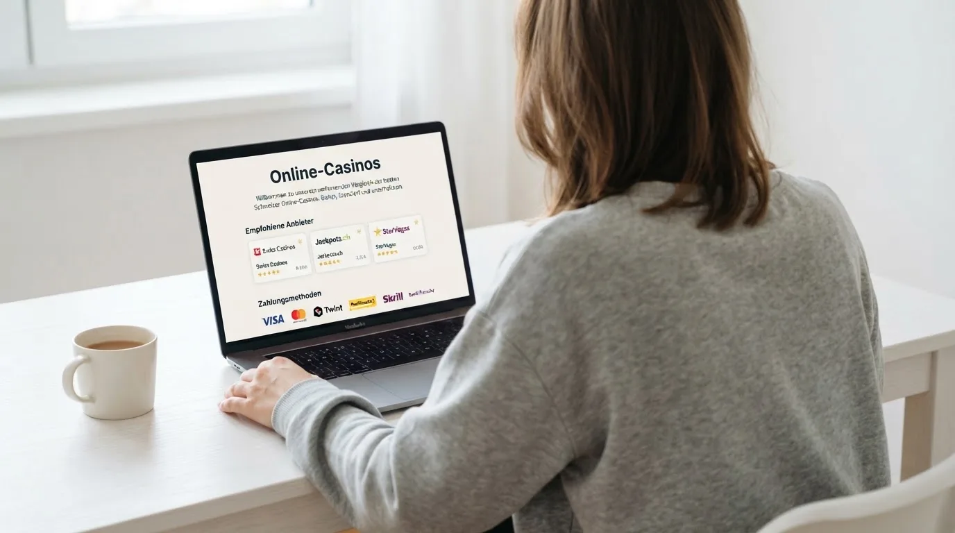 Person am Laptop liest eine Übersichtsseite zu Geldspielen im Internet — beste online casino mit apple pay bezahlen