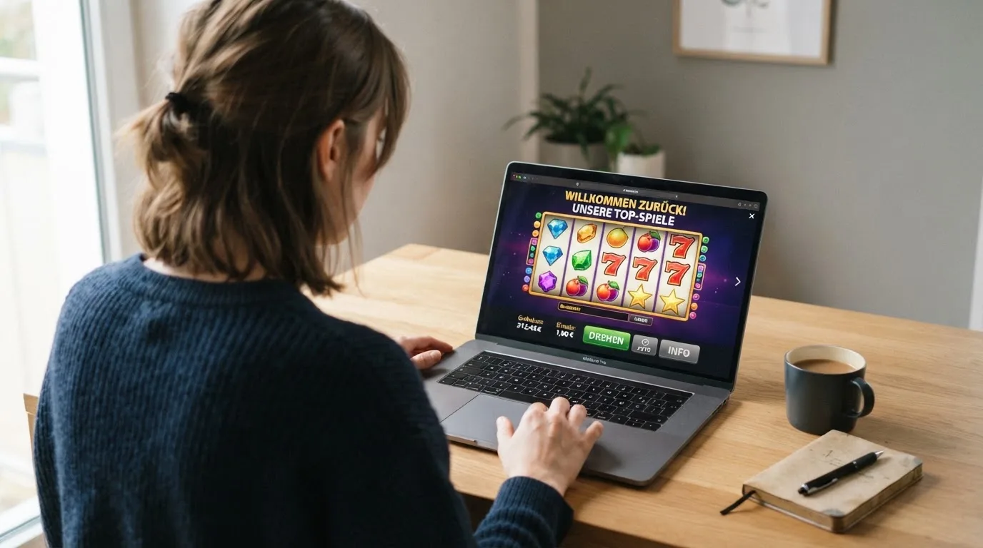 Person am Laptop liest eine Übersichtsseite zu Geldspielen im Internet — beste online casino mit banküberweisung bezahlen