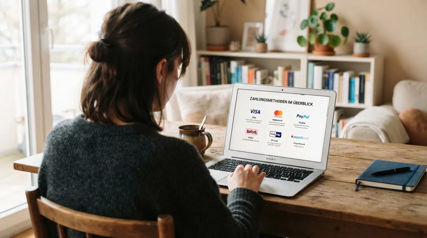 Person am Laptop liest eine Übersichtsseite zu Geldspielen im Internet — beste online casino mit cashtocode bezahlen