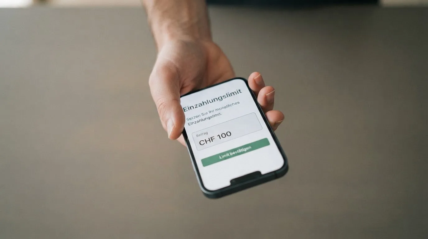 Hand hält ein Smartphone mit einem Formular zur Einzahlungsgrenze, ruhige Stimmung — beste online casino schweiz