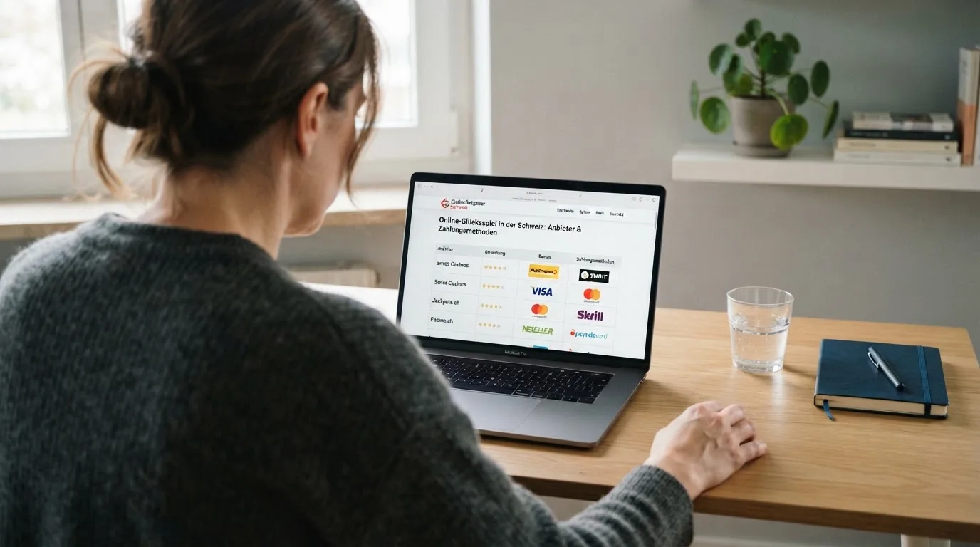 Person am Laptop liest eine Übersichtsseite zu Geldspielen im Internet — beste online casinos schweiz mit no deposit bonus