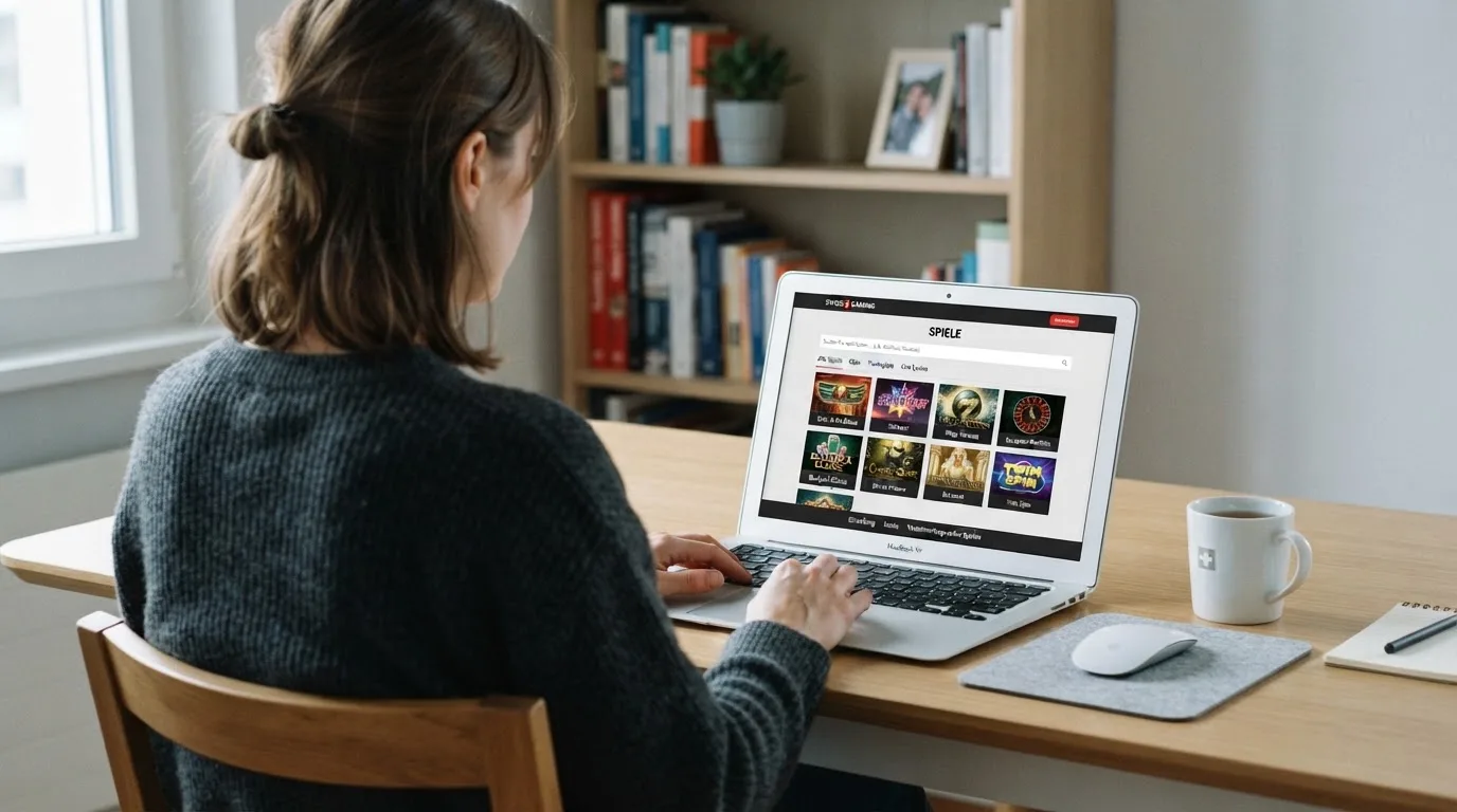 Person am Laptop liest eine Übersichtsseite zu Geldspielen im Internet — bitcoin cash casino vergleich