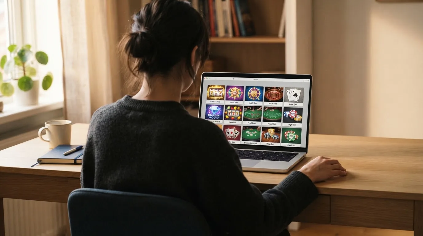 Person am Laptop liest eine Übersichtsseite zu Geldspielen im Internet — casino mit hoher gewinnchance