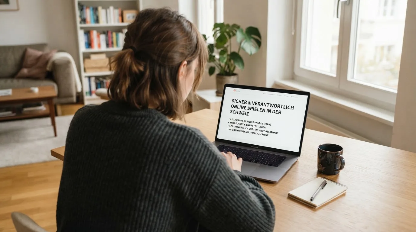 Person am Laptop liest eine Übersichtsseite zu Geldspielen im Internet — casino online mit bonus ohne einzahlung