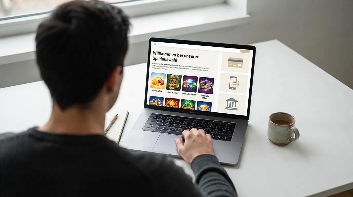 Person am Laptop liest eine Übersichtsseite zu Geldspielen im Internet — handy casino echtgeld bonus ohne einzahlung