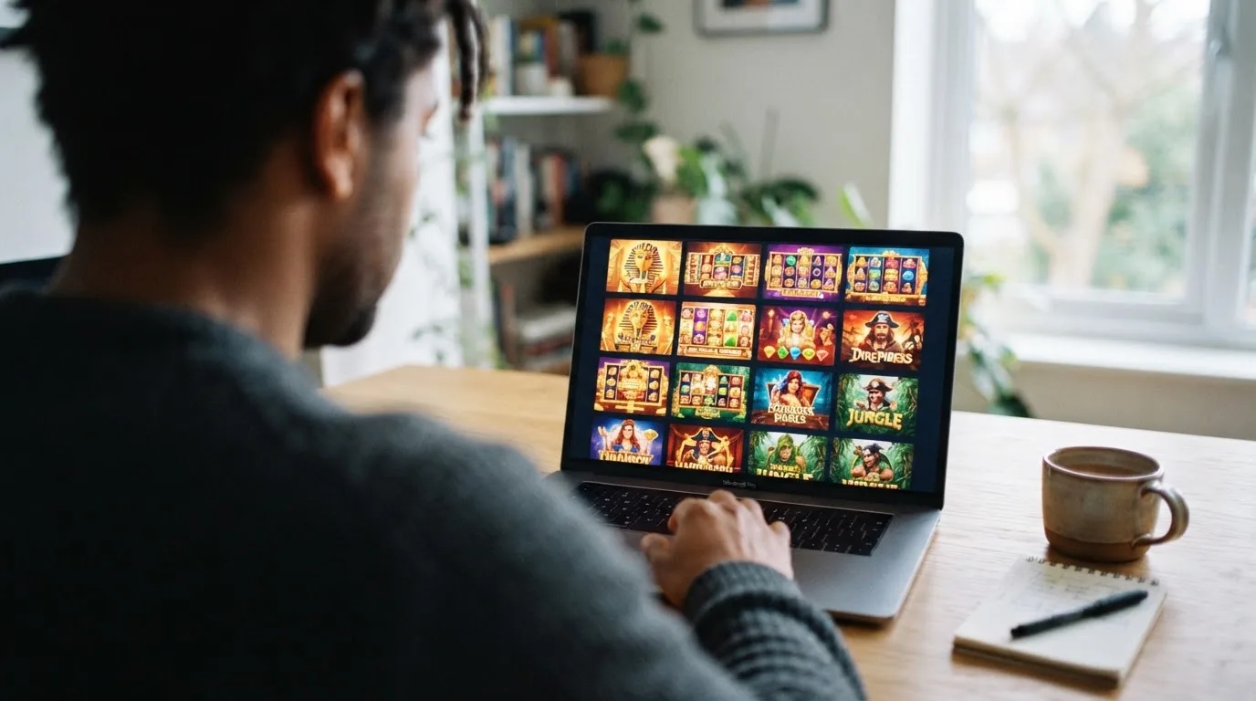 Person am Laptop liest eine Übersichtsseite zu Geldspielen im Internet — online casino bonus ohne einzahlung ohne download