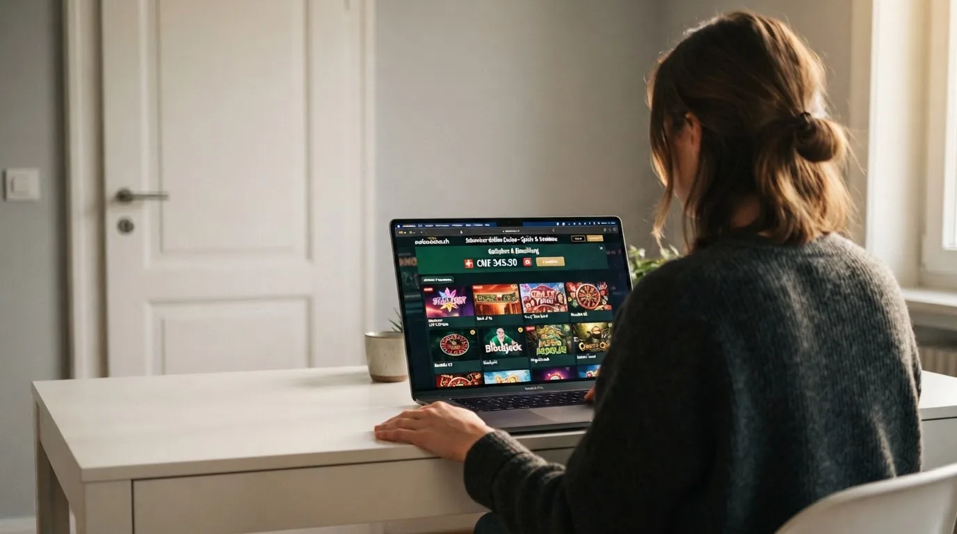 Person am Laptop liest eine Übersichtsseite zu Geldspielen im Internet — online casino bonus ohne einzahlung sofort
