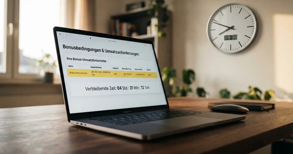 Bildschirm mit Bonusbedingungen, Einsatztabelle und einer Uhr im Hintergrund — online casino bonus ohne einzahlung sofort