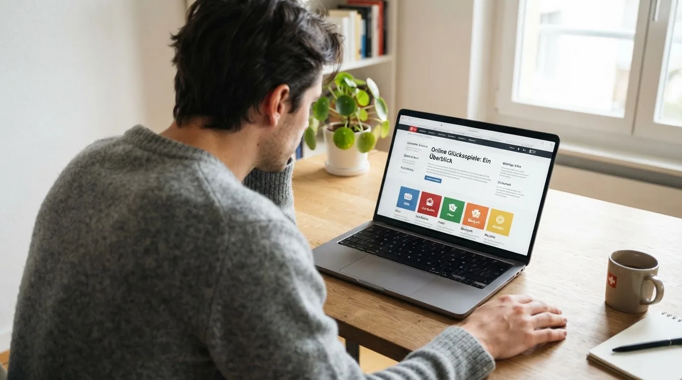 Person am Laptop liest eine Übersichtsseite zu Geldspielen im Internet — online casino bonus ohne umsatzbedingungen