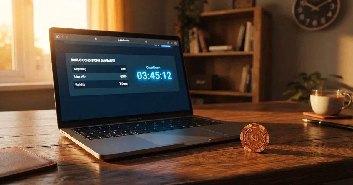 Bildschirm mit Bonusbedingungen, Einsatztabelle und einer Uhr im Hintergrund — online casino bonus ohne umsatzbedingungen