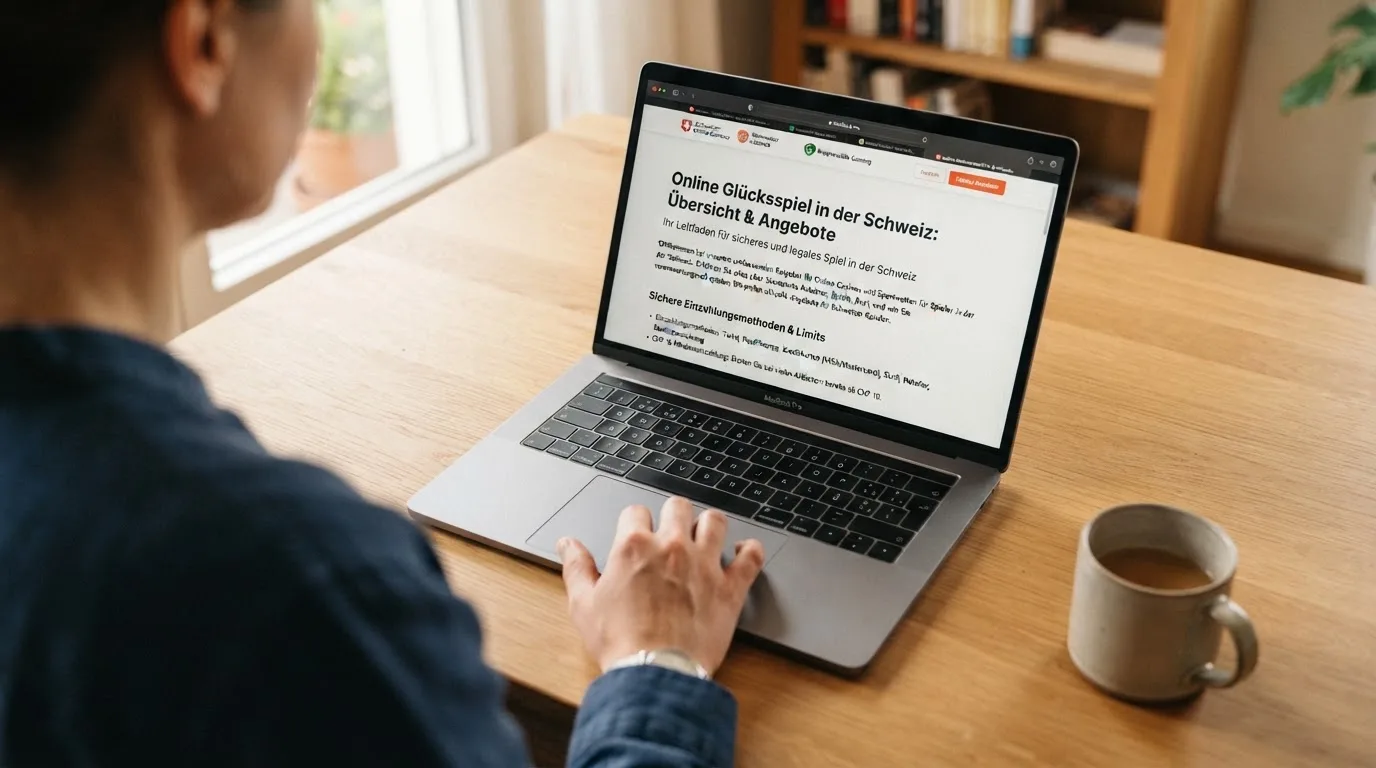 Person am Laptop liest eine Übersichtsseite zu Geldspielen im Internet — online casino bonusbedingungen