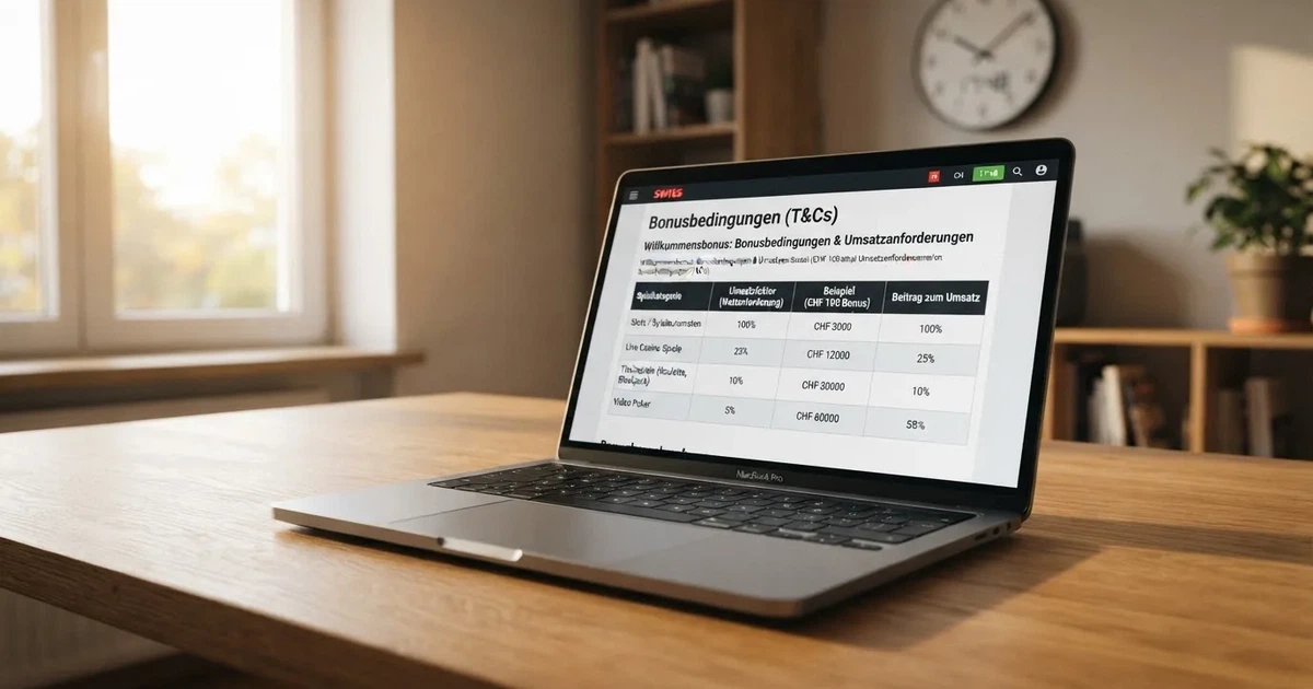 Bildschirm mit Bonusbedingungen, Einsatztabelle und einer Uhr im Hintergrund — online casino bonusbedingungen