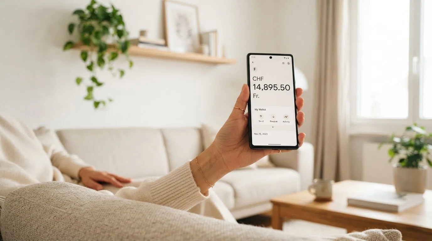 Person hält ein Smartphone mit einer Krypto-Wallet-App in einem hellen Wohnzimmer, Pflanzen im Hintergrund.
