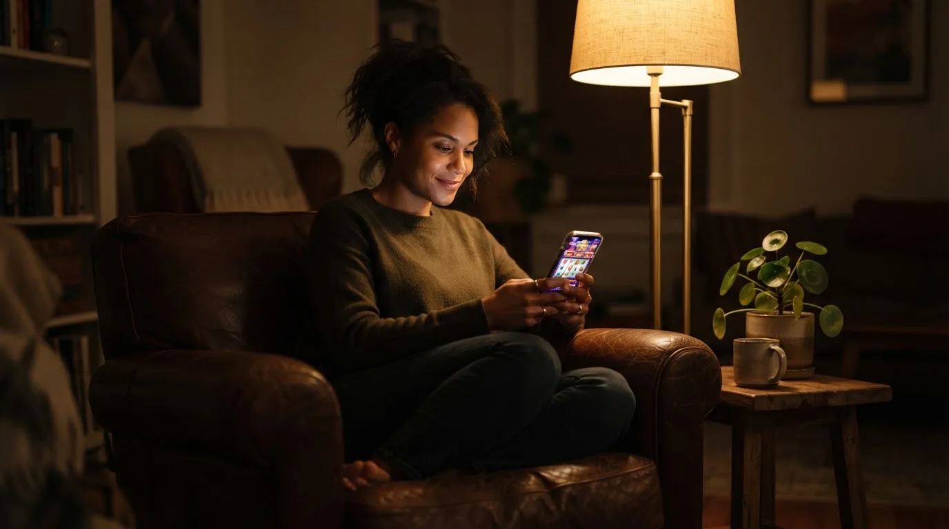 Frau sitzt entspannt im Sessel und liest auf ihrem Smartphone, Stehlampe wirft warmes Licht.