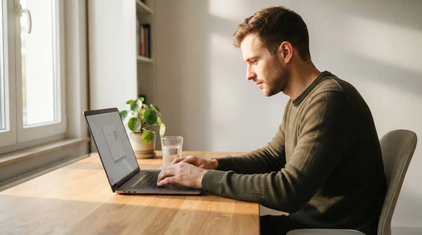 Junger Mann sitzt am Schreibtisch und tippt konzentriert auf seinem Laptop, Morgenlicht durch das Fenster.