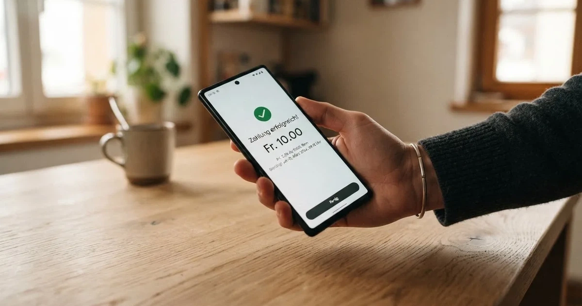 Nahaufnahme einer Hand, die an einem Küchentisch eine kleine Zahlung auf dem Smartphone bestätigt.
