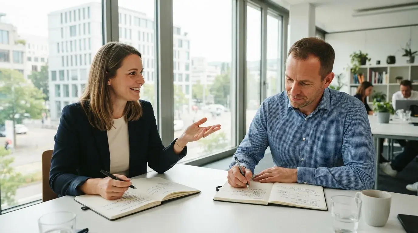 Zwei Kollegen sitzen an einem Besprechungstisch mit Notizbüchern, Tageslicht durch grosse Fenster.