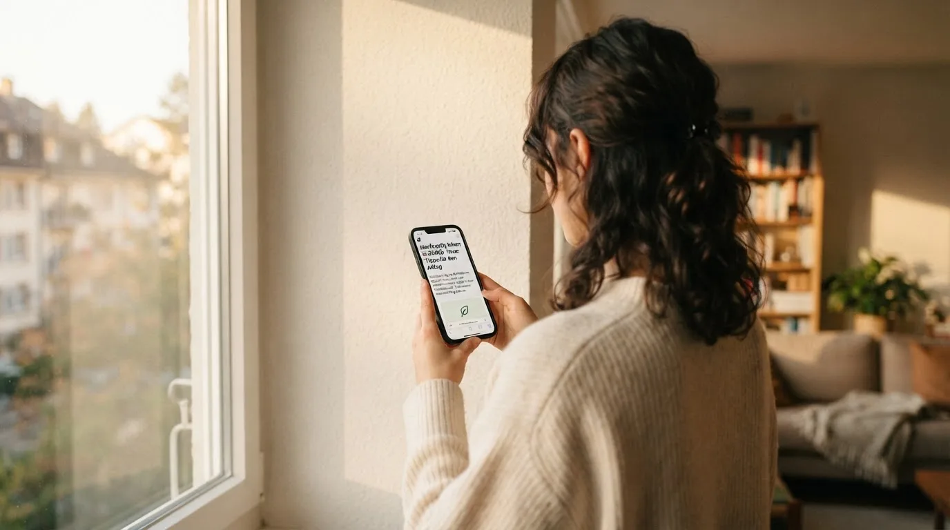 Frau steht am Fenster eines Wohnzimmers und liest auf ihrem Smartphone, Nachmittagslicht im Raum.