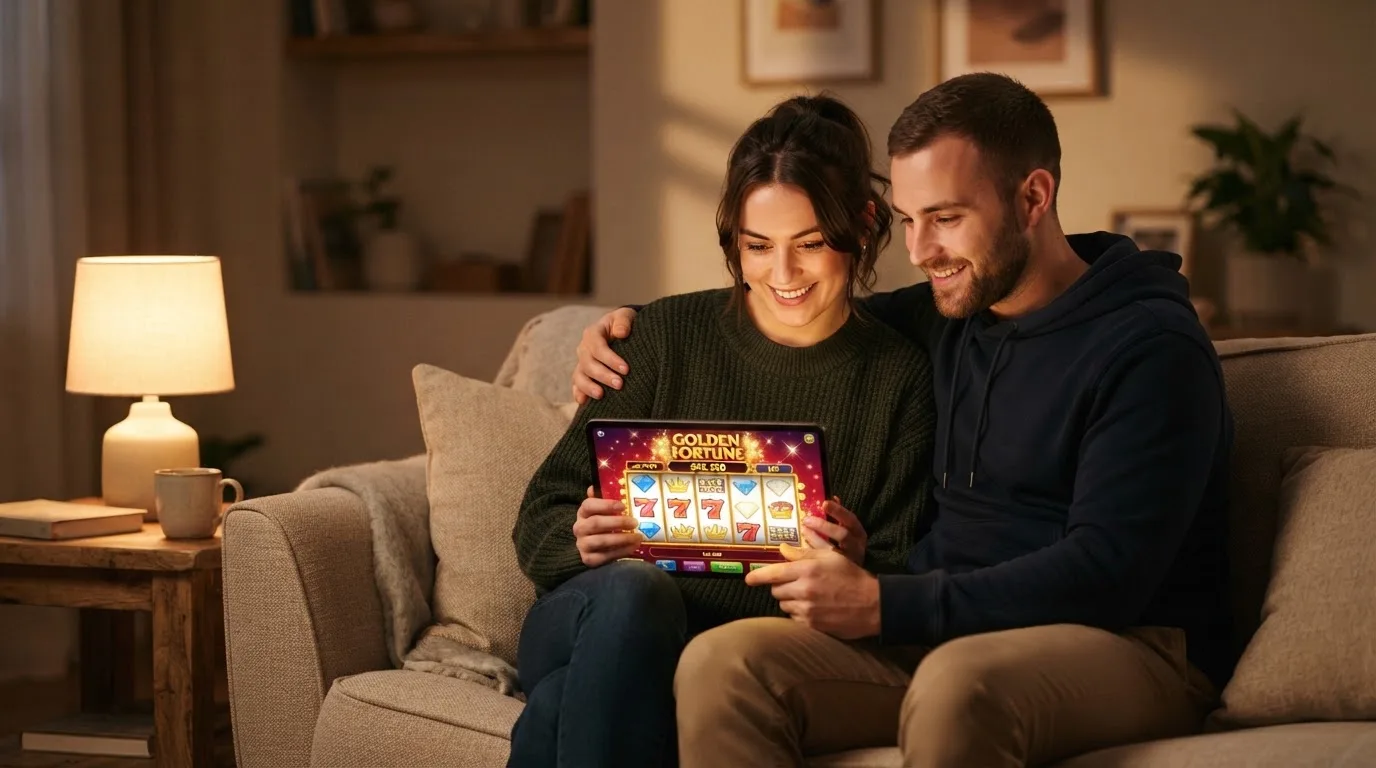 Junges Paar sitzt auf dem Sofa und schaut gemeinsam auf ein Tablet, warmes Wohnzimmerlicht.