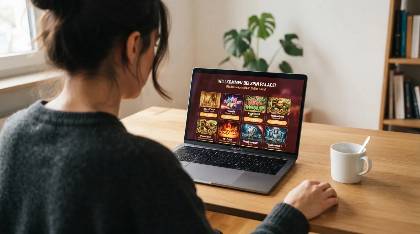 Person am Laptop liest eine Übersichtsseite zu Geldspielen im Internet — online casino mit autoplay
