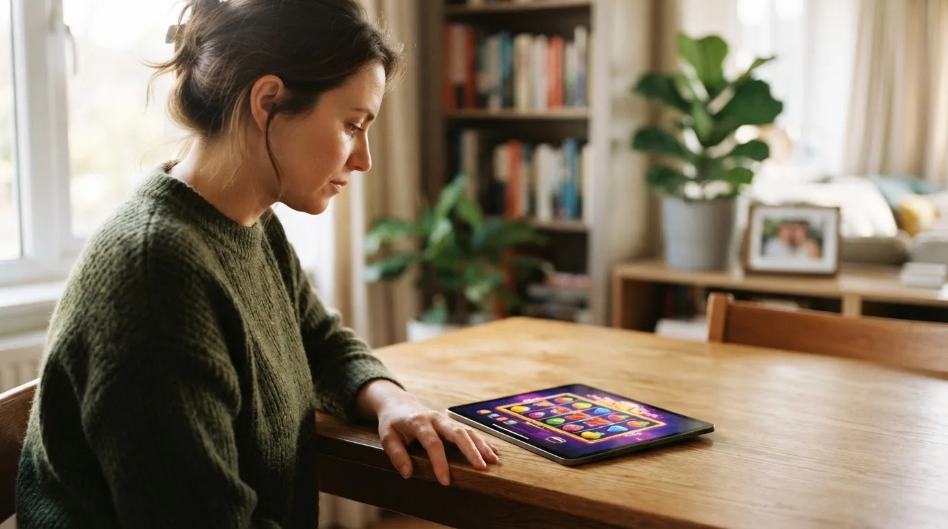 Frau sitzt am Wohnzimmertisch und schaut konzentriert auf ihr Tablet, Nachmittagslicht durchs Fenster.